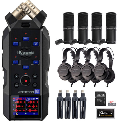 Zoom H6essential 6-Track 32-Bit Float Portable Audio Recorder Bundle with 4-Pack Zoom ZDM-1 Podcast Mic Pack, 32GB Ultra UHS-I microSDHC Memory Card, and Kellards Cleaning Pack