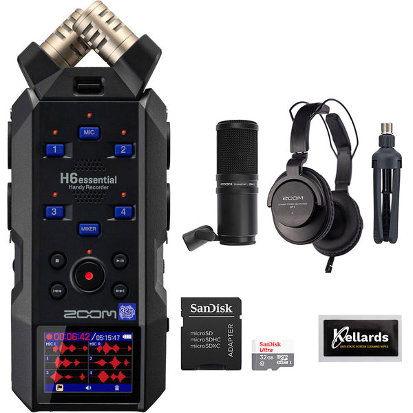 Zoom H6essential 6-Track 32-Bit Float Portable Audio Recorder Bundle with Zoom ZDM-1 Podcast Mic Pack, 32GB Ultra UHS-I microSDHC Memory Card, and Kellards Cleaning Pack