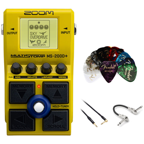 Zoom MS-200D+ MultiStomp Guitar Effects Pedal - 200 Drives & Distortions Bundle with Fender 12-Pack Classic Guitar Picks, 10' Instrument Cable and 6' Right Angle Coupler Cable