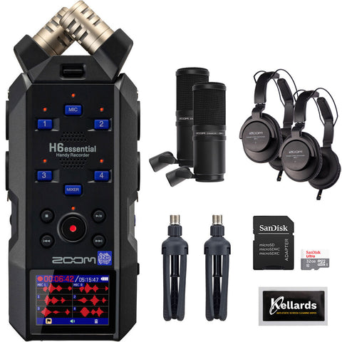 Zoom H6essential 6-Track 32-Bit Float Portable Audio Recorder Bundle with 2-Pack Zoom ZDM-1 Podcast Mic Pack, 32GB Ultra UHS-I microSDHC Memory Card, and Kellards Cleaning Pack