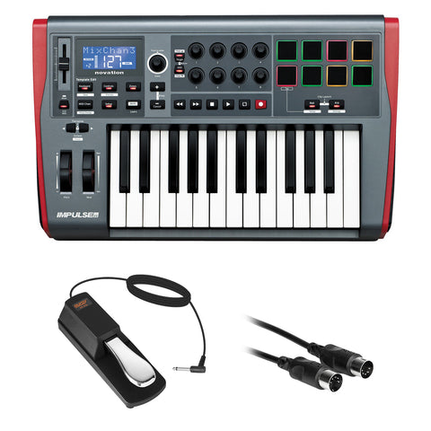 Novation Impulse 25 USB MIDI Keyboard Controller Bundle with Auray FP-P1L Sustain Pedal and 10' MIDI-MIDI Cable
