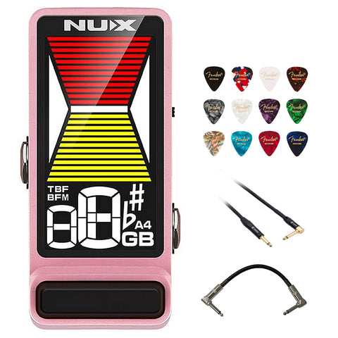 NUX Flow Tune Guitar Effects Pedal with True Bypass, Buffered Bypass Bundle with Kopul 10' Instrument Cable, Strukture S6P48 6" Patch Cable Right Angle, and Fender 12-Pack Picks