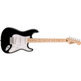 Squier Sonic Stratocaster Electric Guitar, Black, Maple Fingerboard, White Pickguard Bundle with Fender Logo Guitar Strap Black, Fender 12-Pack Celluloid Picks, and Straight/Angle Instrument Cable