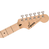 Squier Sonic Stratocaster Electric Guitar 2-Color Sunburst, Maple Fingerboard, White Pickguard Bundle with Fender Logo Guitar Strap Black, Fender 12-Pack Celluloid Picks, and Straight/Angle Instrument Cable