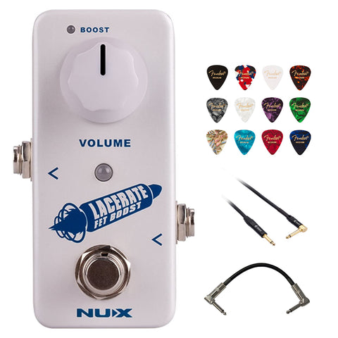NUX Lacerate Mini Booster Guitar Boost Pedal Bundle with Kopul 10' Instrument Cable, Strukture S6P48 6" Patch Cable Right Angle, and Fender 12-Pack Picks