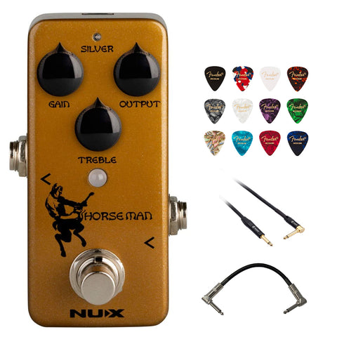 NUX Horseman Overdrive Guitar Effect Pedal Bundle with Kopul 10' Instrument Cable, Strukture S6P48 6" Patch Cable Right Angle, and Fender 12-Pack Picks