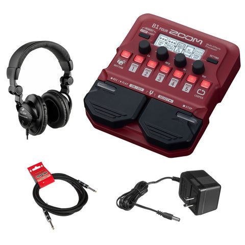 Zoom B1 Four Electric Bass Effects Processor with Polsen HPC-A30 Monitor Headphones, 9V Power Adapter & 10ft Instrument Cable Bundle
