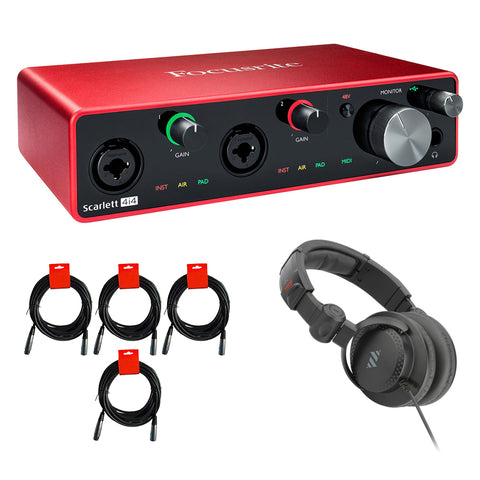 Focusrite Scarlett 4i4 USB Audio/MIDI Interface (3rd Gen) Bundle with Studio Monitor Headphone & 4x XLR-XLR Cable