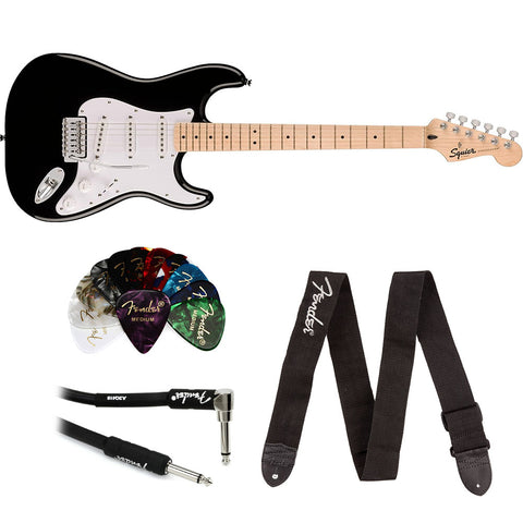Squier Sonic Stratocaster Electric Guitar, Black, Maple Fingerboard, White Pickguard Bundle with Fender Logo Guitar Strap Black, Fender 12-Pack Celluloid Picks, and Straight/Angle Instrument Cable