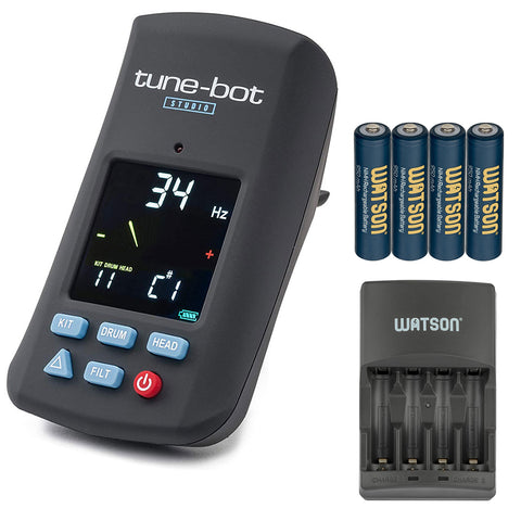 Tune-Bot Studio TBS-001 Digital Drum Tuner - Clip-On Tuner for Acoustic Drum Kits Bundle with Watson AAA NiMH Batteries and AA-C4H 4-Hour Rapid Charger