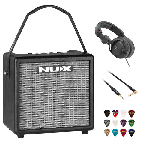 NUX Mighty 8BT Portable Electric Guitar Amplifier with Bluetooth Bundle with Polsen HPC-A30-MK2 Studio Monitor Headphones, Kopul 10' Instrument Cable, and Fender 12-Pack Picks