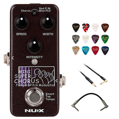 NUX Mini SCF Super Chorus Flanger and Pitch Effects Pedal Bundle with Kopul 10' Instrument Cable, Strukture S6P48 6" Patch Cable Right Angle, and Fender 12-Pack Picks