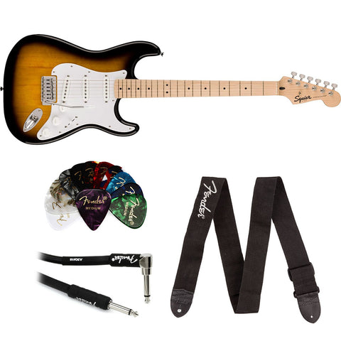 Squier Sonic Stratocaster Electric Guitar 2-Color Sunburst, Maple Fingerboard, White Pickguard Bundle with Fender Logo Guitar Strap Black, Fender 12-Pack Celluloid Picks, and Straight/Angle Instrument Cable