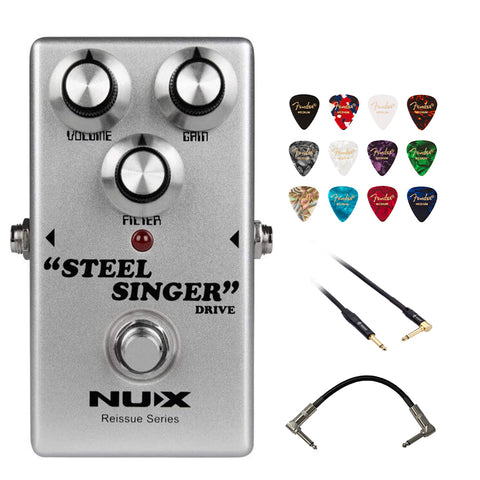 NUX Steel Singer Drive Pedal Overdrive Effect Pedal Bundle with Kopul 10' Instrument Cable, Strukture S6P48 6" Patch Cable Right Angle, and Fender 12-Pack Picks