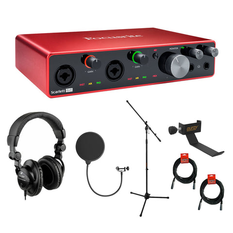 Focusrite Scarlett 8i6 USB Audio Interface (3rd Gen) with HPC-A30 Studio Headphones, Mic Stand, Headphone Holder, Pop Filter & XLR Cable Bundle
