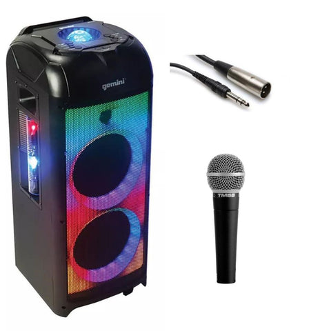 Gemini Sound GPLT-360 Portable 1000 Watt Wireless Self Battery Powered Loud Bluetooth Party Tower Speaker Bundle with Polsen M-85 Professional Dynamic Handheld Microphone (Dark Gray) XLR to TRS Cable