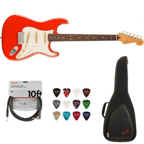 Fender Player II Stratocaster, Rosewood Fingerboard, Coral Red Bundle with Fender FE620 Electric Guitar Gig Bag (Black), Fender 12-Pack Picks and Fender 10ft Instrument Cable