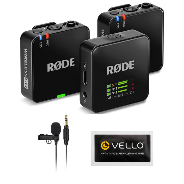 RODE Wireless GO (Gen 3) 2-Person Compact Digital Wireless Microphone Recorder Black Bundle with Rode Lavalier GO Microphone Systems (2 Pack), Anti-Static Screen Cleaning Wipes (5-Pack)