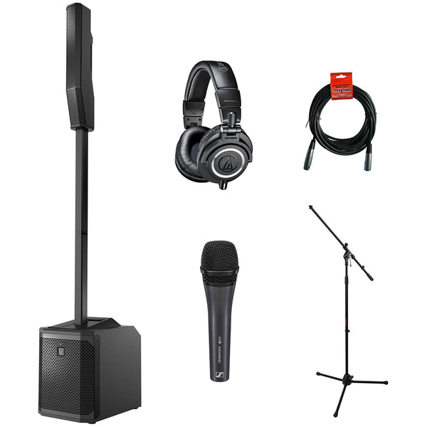 Electro-Voice EVOLVE 30M Portable 1000W Column Sound System with Sennheiser e 835 Handheld Mic,ATH-M50x Monitor Headphones, Mic Stand with Fixed Boom, and XLR-XLR Cable Bundle