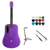 LAVA ME 4 Acoustic Electric Guitars Carbon Fiber Purple Bundle with Rok-It Tripod Guitar Stand, Kopul Premium Performance 3000 Series Instrument Cable, Classic Celluloid Guitar Picks 12-Pack