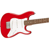 Squier Mini Stratocaster Electric Guitar, Laurel Fingerboard (Dakota Red) Bundle with Fender Logo Guitar Strap, Instrument Cable 10' and Celluloid Guitar Picks 351 Shape