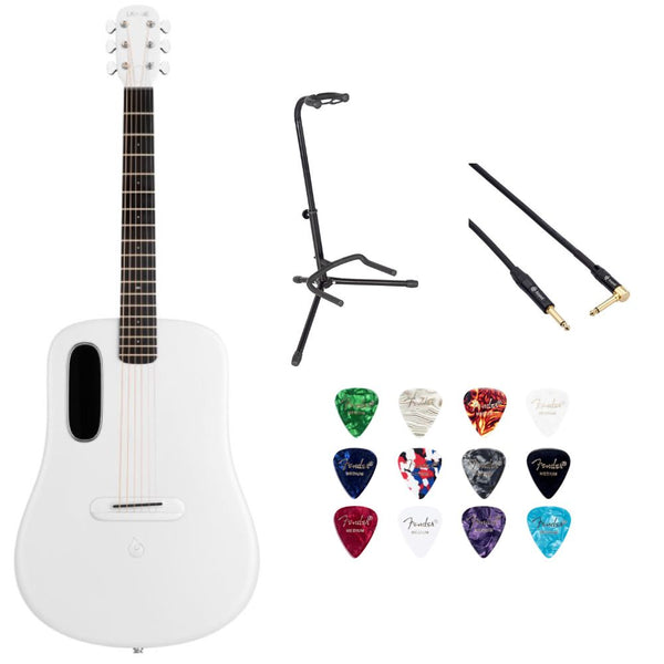 LAVA ME 4 Carbon 38" with Airflow Bag White Bundle with Rok-It Tripod Guitar Stand, Kopul PREM Performance Series Right Angle Cable and Celluloid Guitar Picks Shape Medium 12-Pack