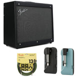 Fender Mustang GTX100 Guitar Amp and 7 Button Footswitch, 100 Watts Bundle with Fender Telepath Wireless System, Mystic Ice Blue and Black and Joe Strummer Instrument Cable, Drab Green, 13ft