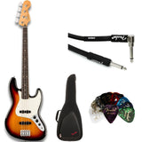 Fender Player II Jazz Bass 3-color Sunburst with Rosewood Fingerboard Bundle with Fender Electric Guitar Bag Black, Fender Classic Celluloid Guitar Picks 12-Pack and 10ft Fender Instrument Cable Black