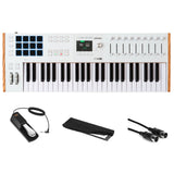 Arturia KeyLab 49 mk3 White 49 Key USB MIDI Keyboard Controller Bundle with Auray FP-P1L Universal Piano Sustain Pedal, Kaces KKC-MD Stretchy Keyboard Dust Cover medium, Hosa Mid-310 Black 10 cable