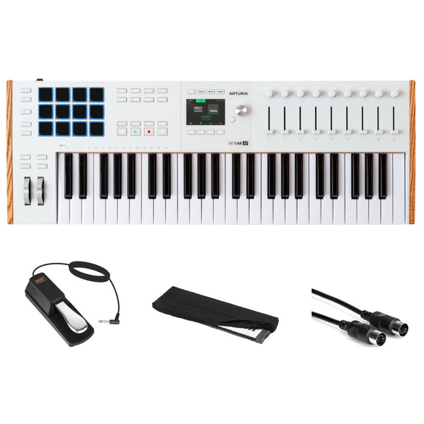 Arturia KeyLab 49 mk3 White 49 Key USB MIDI Keyboard Controller Bundle with Auray FP-P1L Universal Piano Sustain Pedal, Kaces KKC-MD Stretchy Keyboard Dust Cover medium, Hosa Mid-310 Black 10 cable