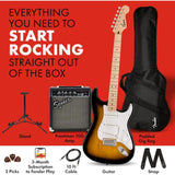 Squier Sonic Series Stratocaster Pack - 2-color Sunburst Bundle with Fender Guitar Stand, Height-Adjustable with Sturdy Metal