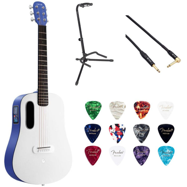 LAVA ME PLAY Smart HILAVA 2.0 36' Deep Blue/Frost White Bundle with Classic Celluloid Guitar Pick 351 Shape Medley 12-Pack, Rok-It Tripod Guitar Stand, Kopul Premium 3000 Male Instrument Cable