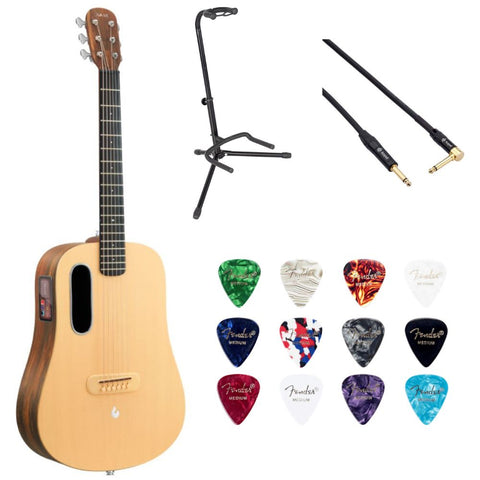 LAVA ME 4 Solid Spruce HILAVA 2.0 Woodgrain Brown/Burlywood 36 Bundle with Classic Celluloid Guitar Pick 351 Shape Medley 12-Pack, Rok-It Tripod Guitar Stand, Kopul Premium 3000 Male Instrument Cable