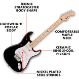 Squier by Fender Electric Guitar Kit Sonic Stratocaster Black Bundle with Fender Guitar Stand, Height-Adjustable with Sturdy Metal