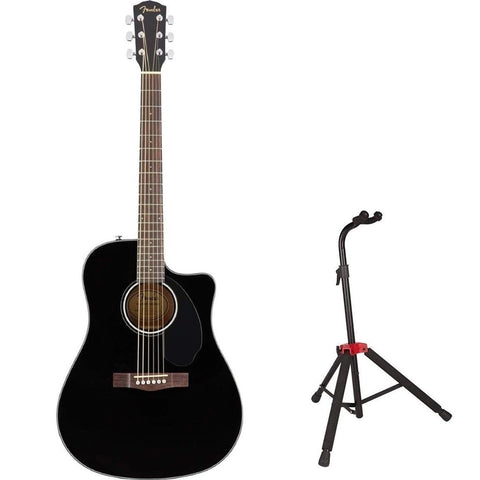 Fender CD-60SCE Dreadnought Cutaway Acoustic Electric Guitar- Black Bundle with Fender Guitar Stand, Height-Adjustable with Sturdy Metal