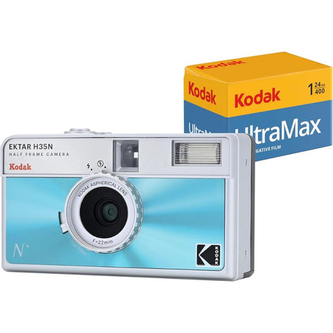 KODAK EKTAR H35N Half Frame Film Camera Bundle with Kodak Ultramax 400/24EXP 35mm Roll Film (Glazed Blue, Bundle)