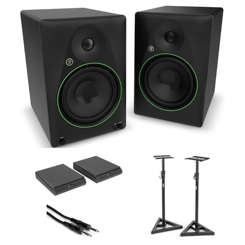 Mackie CR8BT Powered 8 Studio Monitors Black Bundle with On-Stage SMS6000-P Studio Monitor Stand, Auralex Acoustics Monitor/Speaker Isolation Pads MoPAD XL, Hosa Stereo 1/4" Male Phone TRS Cable 10