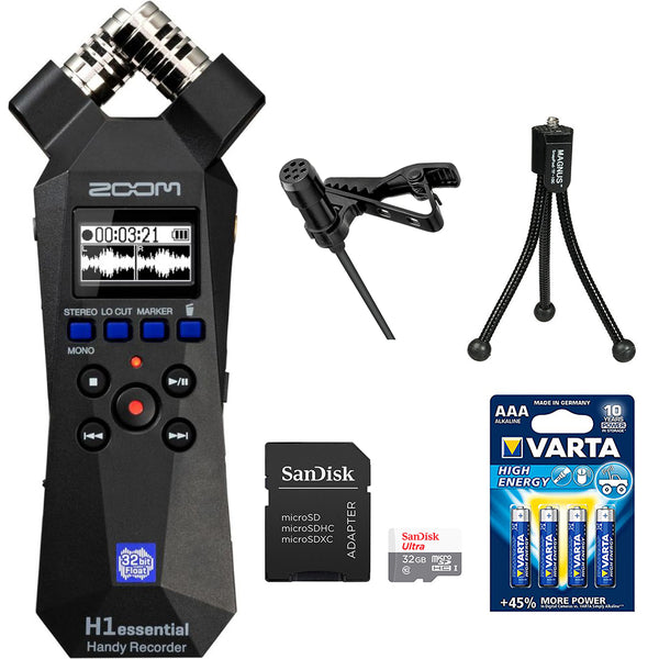 Zoom H1essential 2-Track 32-Bit Float Portable Audio Recorder Bundle with Omnidirectional Lavalier Microphone, 32GB Memory Card with SD Adapter, 4 Pack AAA Batteries and Compact Tabletop Tripod