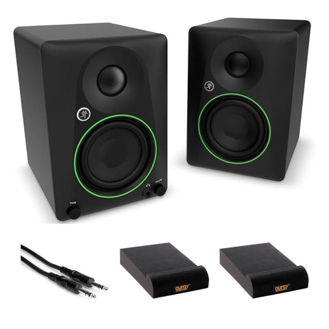 Mackie CR4.5 Creative Reference Powered 4.5" Studio Monitors Black Bundle with Hosa Stereo 1/4" Male Phone to 1/4" Male Phone TRS Cable 10, Auray IP-S Isolation Pad for Studio Monitor (2-Pack)