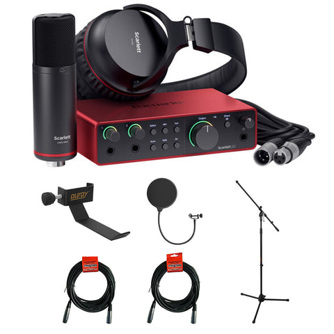 Focusrite Scarlett 2i2 Studio USB-C Audio Interface (4th Generation) with Condenser Microphone and Headphones Bundle with Tripod Mic Stand + Boom, Headphone Holder, Pop Filter & 2x XLR Cable