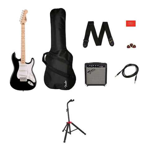 Squier by Fender Electric Guitar Kit Sonic Stratocaster Black Bundle with Fender Guitar Stand, Height-Adjustable with Sturdy Metal