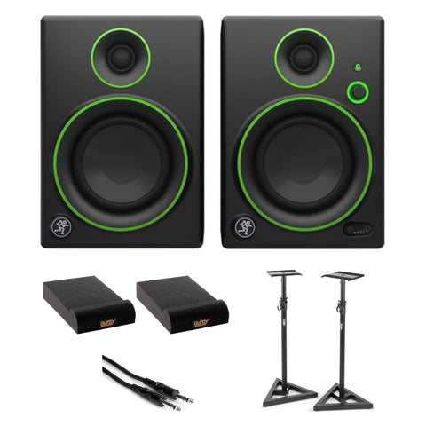 Mackie CR5BT Powered 5 Studio Monitors Black Bundle with On-Stage SMS6000-P Studio Monitor Stand, Auray IP-S Isolation Pad for Studio Monitor (2-Pack), Hosa Stereo 1/4" Male Phone TRS Cable 10