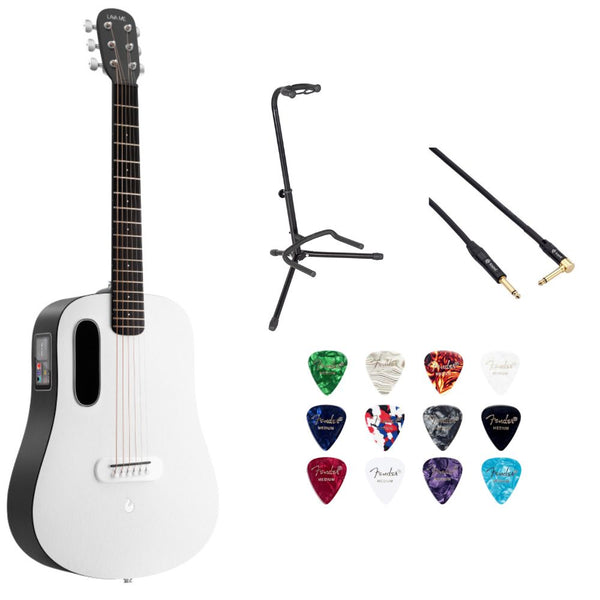 LAVA ME PLAY 36 Lite Bag Nightfall Frost White w/ Gator Rok-It Tripod Guitar Stand, Kopul Premium Performance Series Right Angle Cable and Fender Celluloid Guitar Picks Shape Medium 12-Pack Bundle