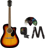 Fender FA-125CE Dreadnought Acoustic Electric Guitar Sunburst Bundle with Fender Classic Celluloid Guitar Picks 12-Pack, Fender Logo Guitar Strap 2in Black with White Logo, Fender Flash Guitar Tuner