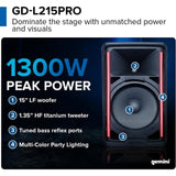 Gemini Sound GD-L215PRO 1300-Watt Professional PA Speakers with Bluetooth (Pair) Bundle with Auray SS-47S-PB Deluxe Steel Speaker Stands with Tripod Base and Carrying Case and 2x XLR Cable