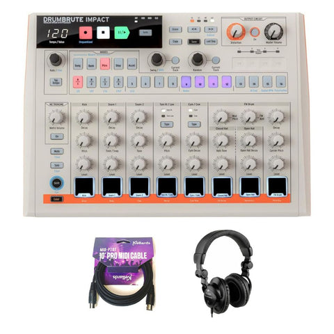 Arturia DrumBrute Impact 1984 Analog Drum Machine - White Bundle with Polsen HPC-A30 Closed-Back Studio Monitor Headphones, Kellards MID-P10T Pro MIDI to MIDI Cable 10 Feet