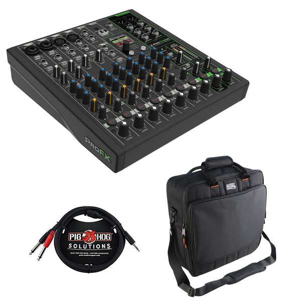 Mackie ProFX10 GO Battery-Powered 10-Channel Analog Audio Mixer Bundle with Gator Cases G-MIXERBAG-1515 Padded Nylon Mixer/Equipment Bag and 10' 3.5mm TRS to Dual 1/4" TS Pro Stereo Breakout Cable