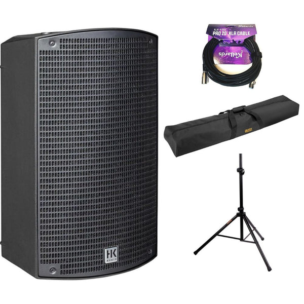 HK AUDIO SONAR 110 Xi 2-Way 800W 10" Powered Speaker Bundle with Auray Speaker Stand Bag 51" Interior (Black), Auray SS-4420 Steel Speaker Stand, Kellards XLR-P20T Pro 20' XLR Cable