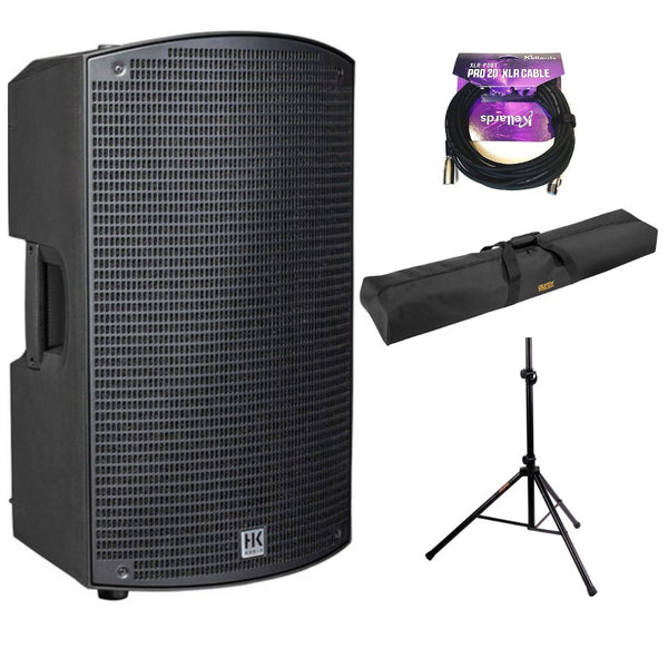 HK AUDIO SONAR 112 Xi 2-Way 1200W 12" Powered Speaker Bundle with Auray Speaker Stand Bag 51" Interior (Black), Auray SS-4420 Steel Speaker Stand, Kellards XLR-P20T Pro 20' XLR Cable
