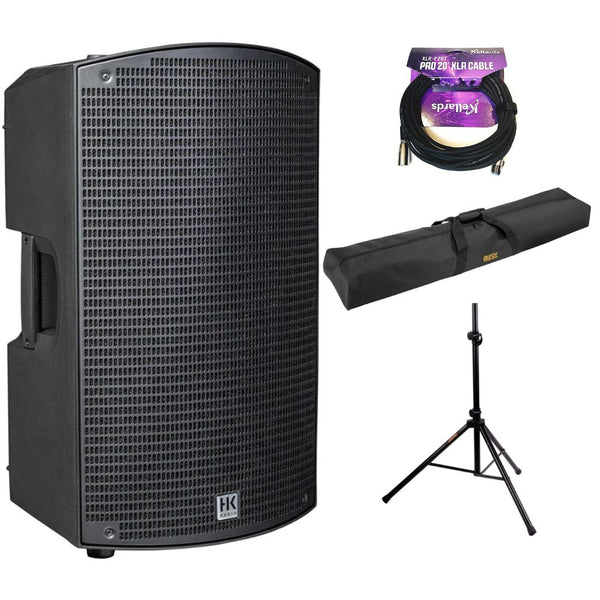 HK AUDIO SONAR 115 Xi 2-Way 1200W 15" Powered Speaker Bundle with Auray Speaker Stand Bag 51" Interior (Black), Auray SS-4420 Steel Speaker Stand, Kellards XLR-P20T Pro 20' XLR Cable